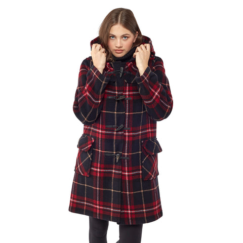 Woman's Burgundy Check Original Classic Fit Duffle Coat With Horn Toggles