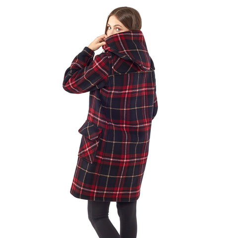 Woman's Burgundy Check Original Classic Fit Duffle Coat With Horn Toggles