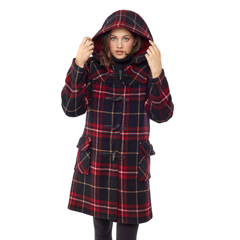 Woman's Burgundy Check Original Classic Fit Duffle Coat With Horn Toggles