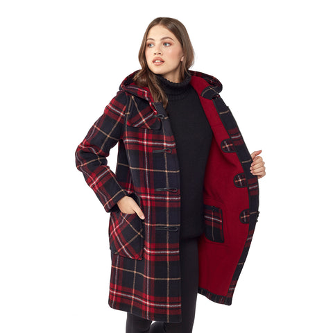 Woman's Burgundy Check Original Classic Fit Duffle Coat With Horn Toggles