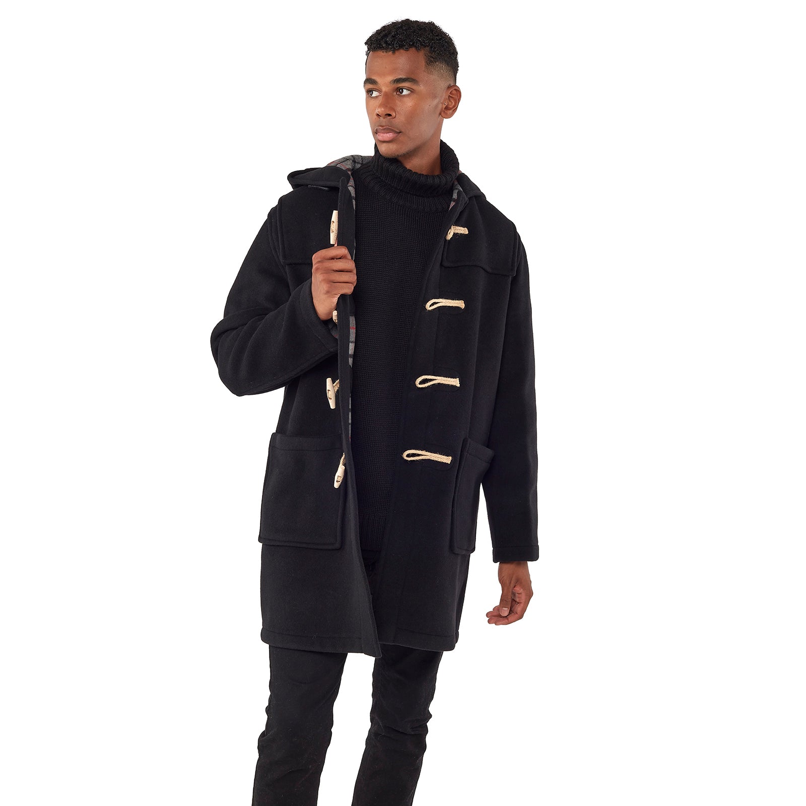 Mens Black Classic Fit Original And Authentic Duffle Coat With Wooden Toggles