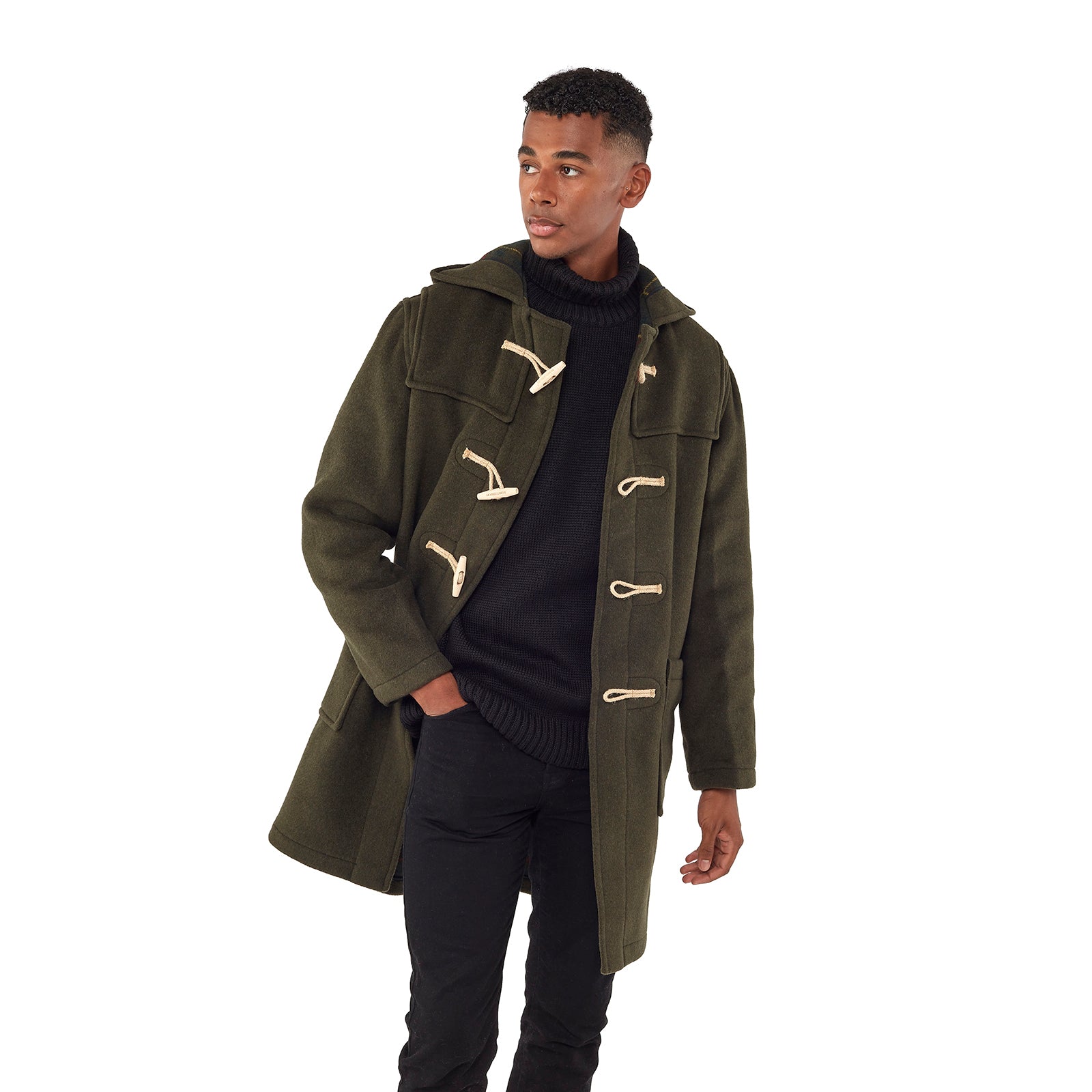 Mens Olive Classic Fit Original And Authentic Duffle Coat With Wooden Toggles