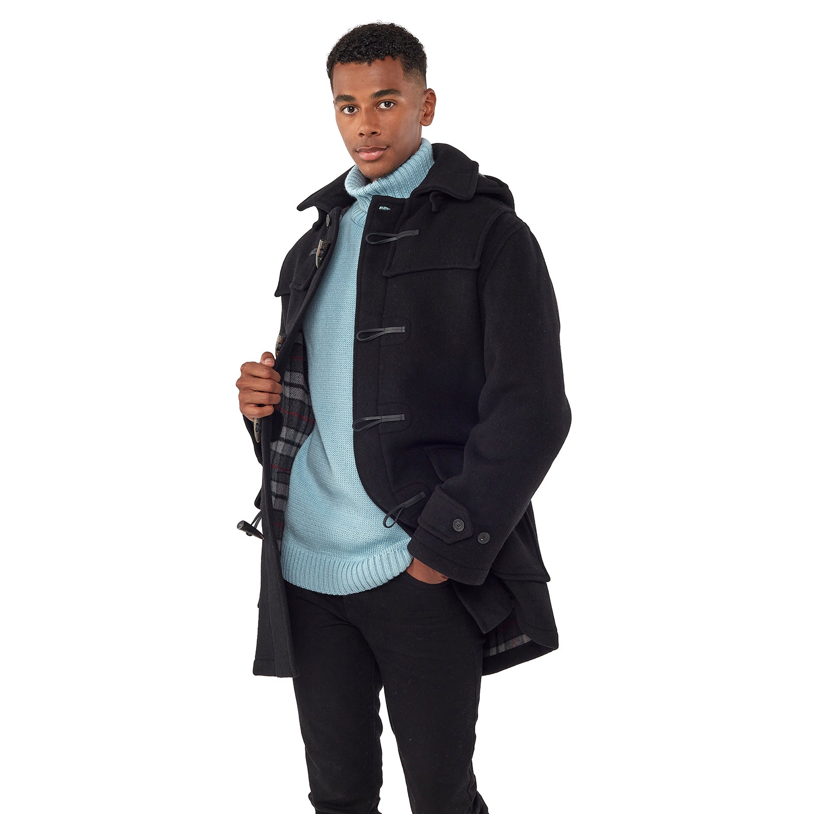 Men's Black London Custom Fit Convertible Duffle Coat, With Original Removable Hood And Horn Toggles