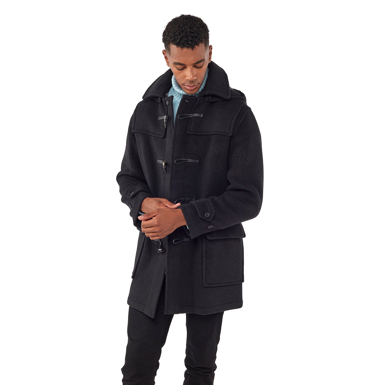 Men's Charcoal London Custom Fit Convertible Duffle Coat, With Original Removable Hood And Horn Toggles