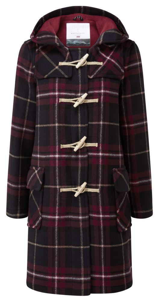 Women's Burgundy Check Original Classic Fit Duffle Coat with Wooden Toggles