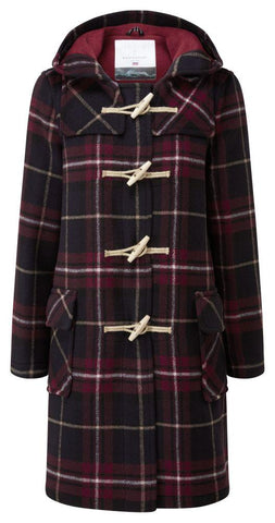 Women's Burgundy Check Original Classic Fit Duffle Coat with Wooden Toggles